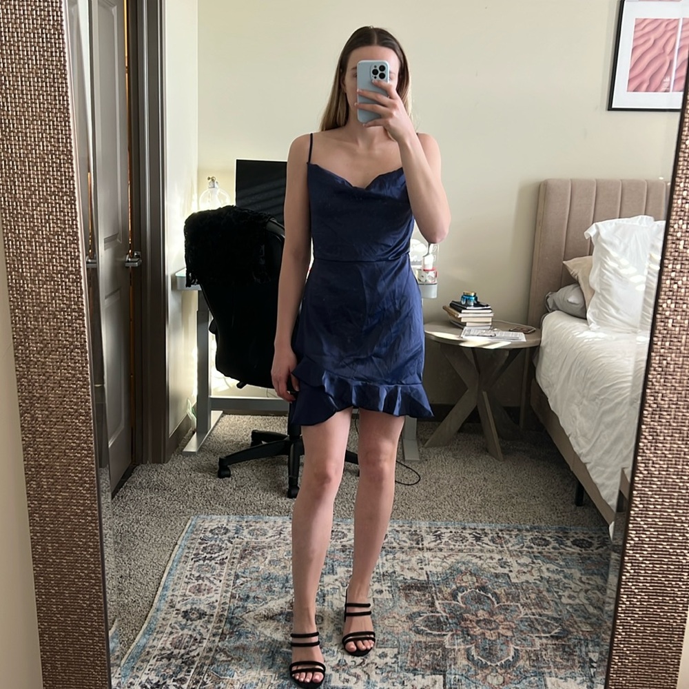 PLT US4 navy ruffle cowl neck mini dress